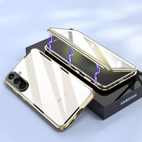 Tok Samsung Galaxy A17 5G, mágneses dupla üveg, átlátszó, arany oldalakkal