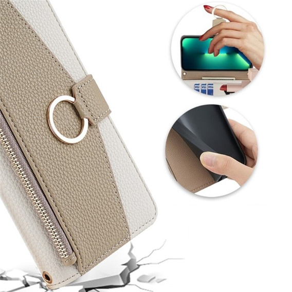 Flip tok iPhone 14 Pro, Wallet Zipper Pocket, tükörrel, fehér