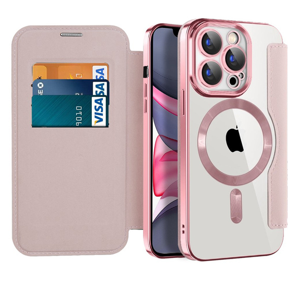 Pattintható tok a iPhone 15 Pro, RFID Wallet MagSafe CamShield, rózsaszín