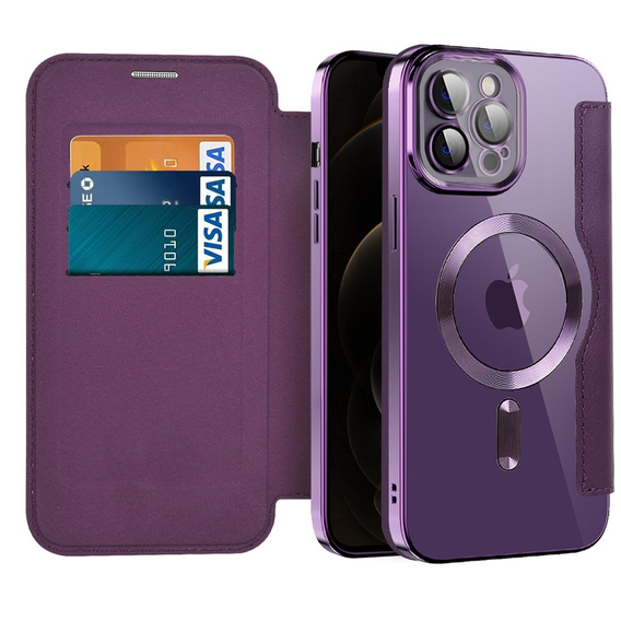 Pattintható tok a iPhone 12 Pro, RFID Wallet MagSafe CamShield, lila