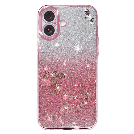 Tok iPhone 16, Glitter Flower, rózsaszín rose gold