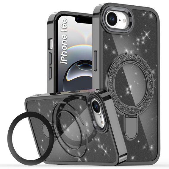 Az iPhone 16e tok, Glittery Magnetic Kickstand, fekete