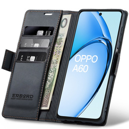 Tok Oppo A60, ERBORD Glossy Litchi, pénztárca patenttal, fekete