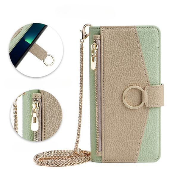 Flip tok Samsung Galaxy A56 5G, Wallet Zipper Pocket, tükörrel, zöld