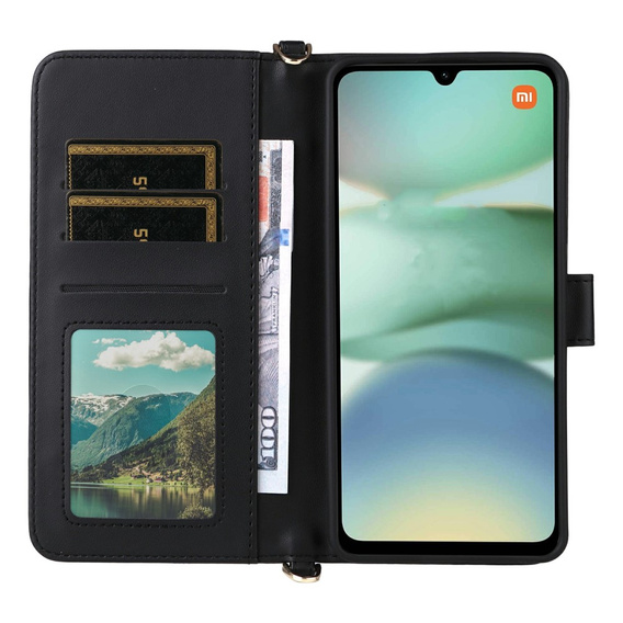 Tok patenttal a Xiaomi Redmi A5-hez, Crossbody Leather Wallet, fekete