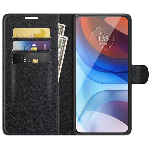 Pattintható tok a Motorola Moto E7 Power / E7i Power, Wallet Litchi Texture, fekete