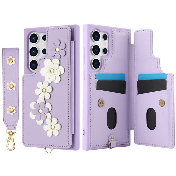 Tok Samsung Galaxy S25 Ultra, Leather Flower Card Slot, lila