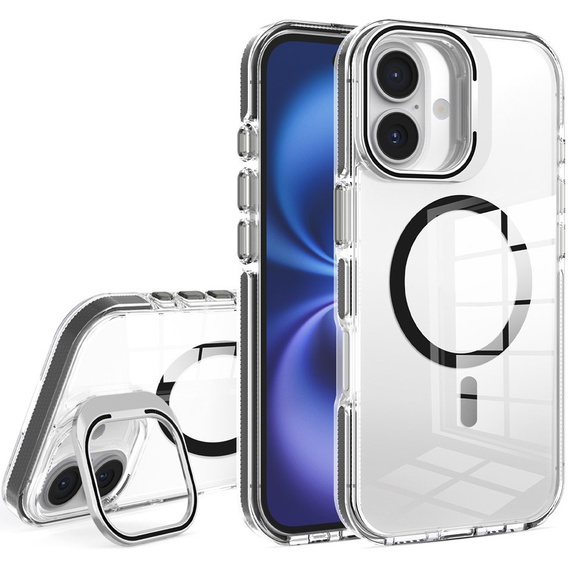 Tok iPhone 17 készülékhez, MagSafe, állvánnyal, átlátszó, fekete betétekkel