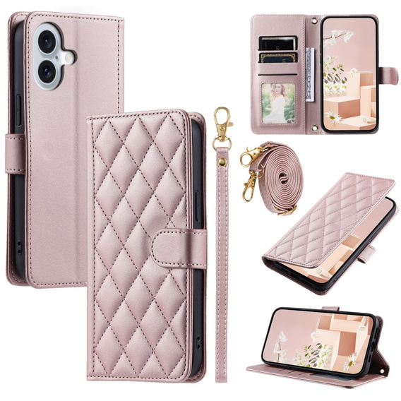 Flap tok iPhone 16 Plus, Rhombus Crossbody Leather, rózsaszín rose gold