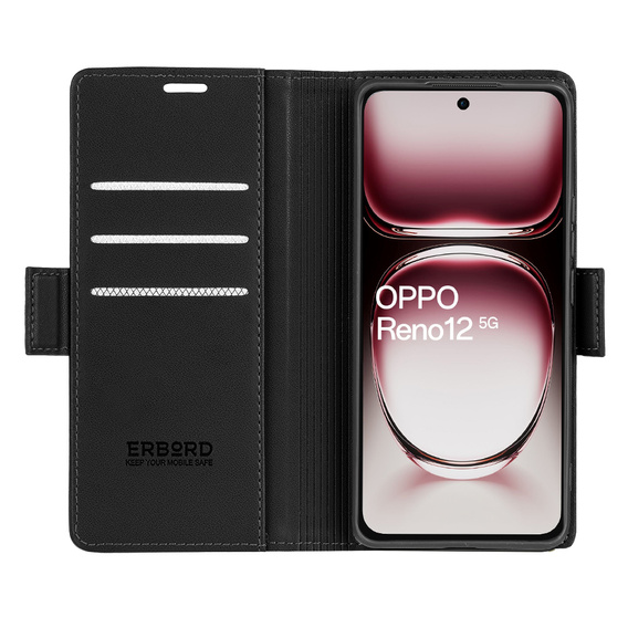 Tok Oppo Reno 12, ERBORD Glossy Litchi, pénztárca patenttal, fekete