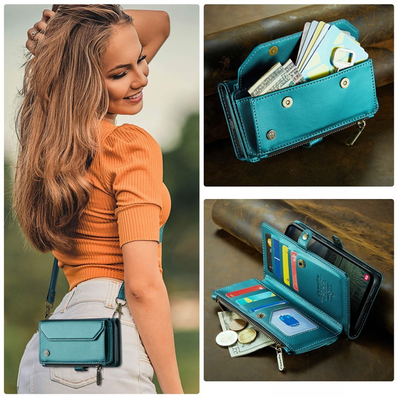 Tok CASEME Samsung Galaxy A56 5G, RFID Leather Wallet, vállpánttal, zöld