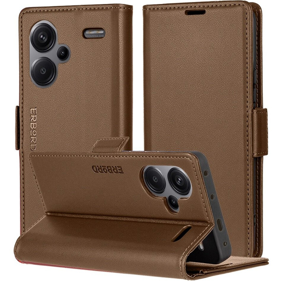 Tok Xiaomi Redmi Note 13 Pro+, ERBORD Glossy Litchi, pénztárca patenttal, barna