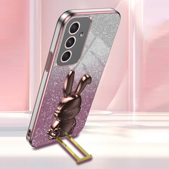 Tok Samsung Galaxy A54 5G, Glitter Rabbit, kihúzható állvánnyal, rózsaszín