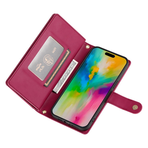 Pattintható tok a iPhone 16 Pro, Wallet Zipper Pocket, piros
