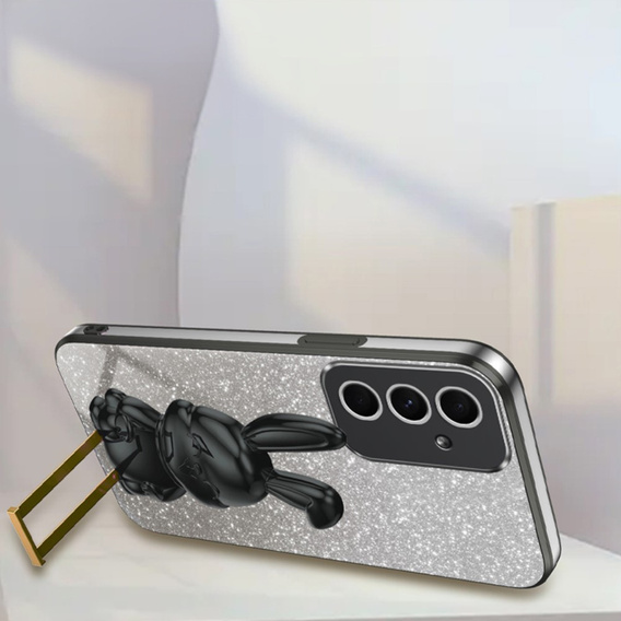 Tok Samsung Galaxy A54 5G, Glitter Rabbit, kihúzható állvánnyal, fekete