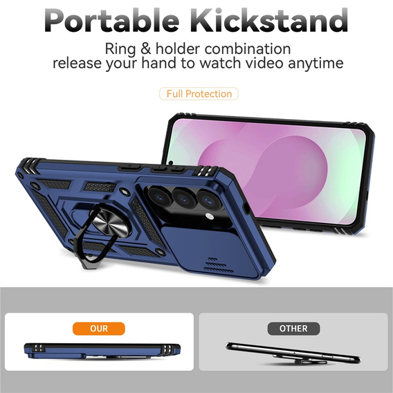 Páncélozott tok állvánnyal és lencsefedéllel Samsung Galaxy S26 készülékhez, kék színben