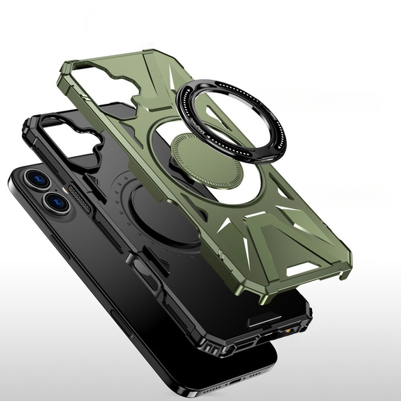 Tok iPhone 16-hoz, páncélozott, állvánnyal és fogantyúval, zöld