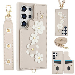Tok Samsung Galaxy S24 Ultra, Leather Flower Card Slot, bézs színű