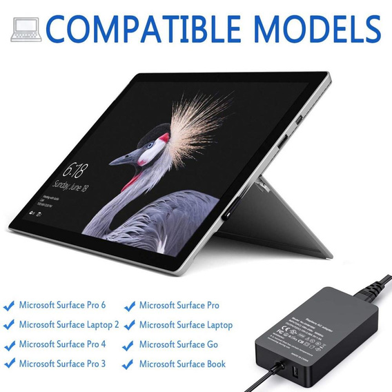 44W 15V 2.58A hálózati adapter töltő USB töltőporttal a Microsoft Surface Pro 6/5/4/3-hoz - EU csatlakozóval