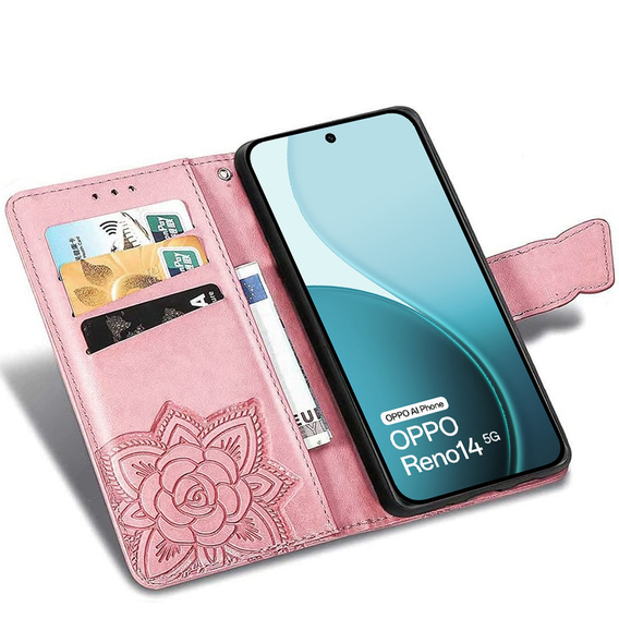 Pattintható tok Oppo Reno 14, Butterfly, pénztárca, rózsaarany