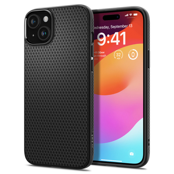 A Spigen tok iPhone 15, Liquid Air, fekete + 9H edzett üveghez