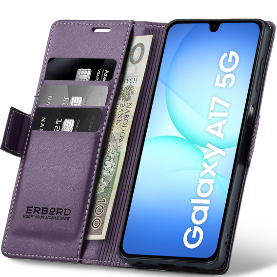 Tok Samsung Galaxy A17 5G, ERBORD Glossy Litchi, pénztárca patenttal, lila