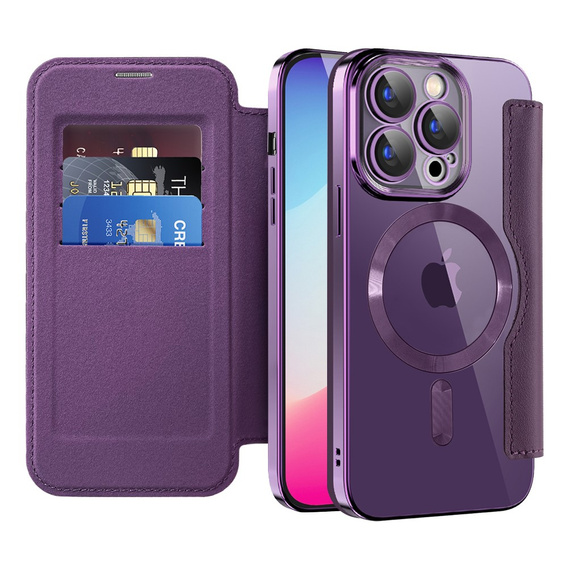 Pattintható tok a iPhone 15 Pro, RFID Wallet MagSafe CamShield, lila