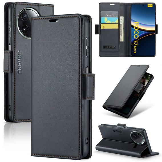 Tok Xiaomi Poco F7 Ultra, ERBORD Glossy Litchi, pénztárca patenttal, fekete