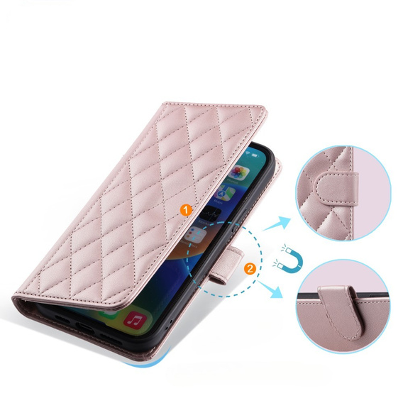 Flap tok iPhone 16 Pro Max, Rhombus Crossbody Leather, rózsaszín rose gold