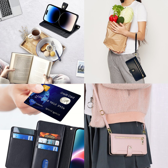 Pattintható tok a iPhone 14 Pro, Wallet Zipper Pocket, fekete