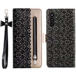 Flap tok Samsung Galaxy A35 5G, Wallet Pocket Zipper Lace, fekete