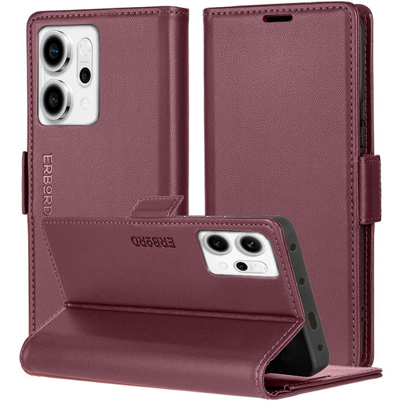 Tok Oppo Reno 14, ERBORD Glossy Litchi, pénztárca patenttal, piros
