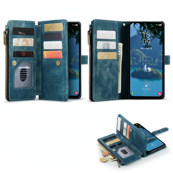 CASEME tok Samsung Galaxy A56 5G, Leather Wallet Cash and Card Slots, pánttal, kék