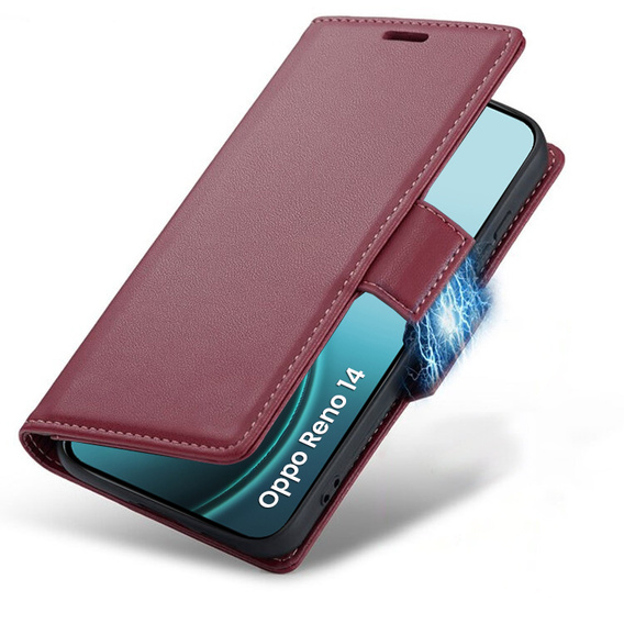 Tok Oppo Reno 14, ERBORD Glossy Litchi, pénztárca patenttal, piros