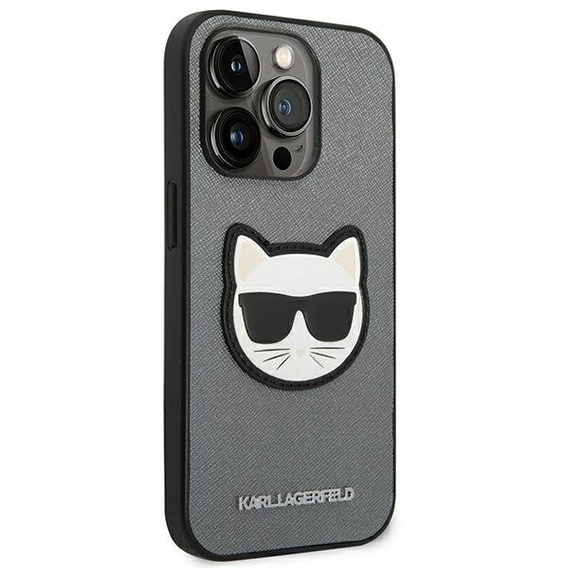 Karl Lagerfeld Telefontok a iPhone 14 Pro Max, Saffiano Choupette Head Patch, ezüst