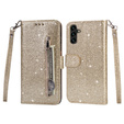 Pattintható tok a Samsung Galaxy A35 5G, Wallet Zipper Pocket Glittery, arany