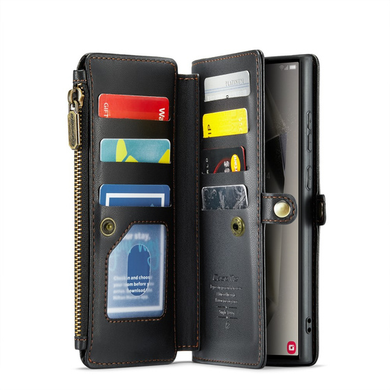 Tok CASEME Samsung Galaxy S25 Ultra, RFID Leather Wallet, vállpánttal, fekete