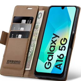 Tok Samsung Galaxy A16, ERBORD Glossy Litchi, pénztárca patenttal, barna