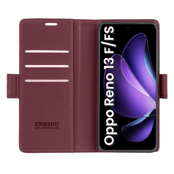 Tok Oppo Reno 13F / Oppo Reno 13FS, ERBORD Glossy Litchi, pénztárca patenttal, piros