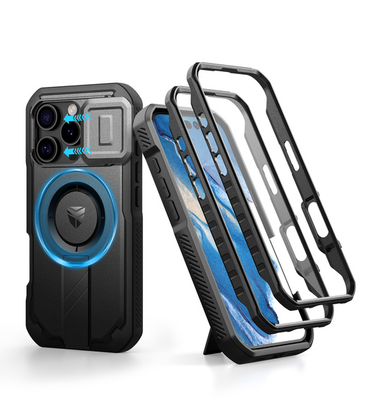 Páncélozott tok iPhone 16 Pro Max készülékhez, Dexnor CamProtect MagSafe, fekete (Két keret)