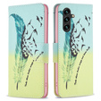 Pattintható tok a Samsung Galaxy A35 5G, Wallet, Feather kék / sárga