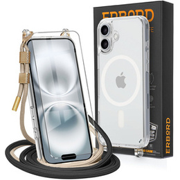 Tok zsinórral iPhone 16-hoz, ERBORD MagSafe, átlátszó + képernyőüveg