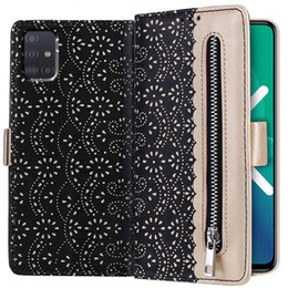 Flap tok Samsung Galaxy A51, Wallet Pocket Zipper Lace, fekete