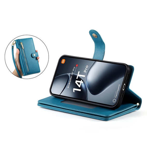 Pattintható tok a Xiaomi 14T Pro, Wallet Zipper Pocket, kék