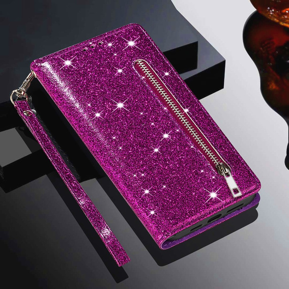 Pattintható tok a Samsung Galaxy A56 5G, Wallet Zipper Pocket Glittery, lila