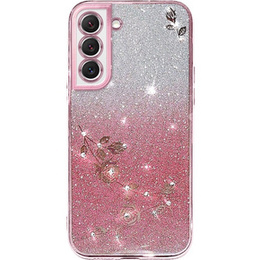 tok Samsung Galaxy S22, csillogó virág, rózsaszín rose gold