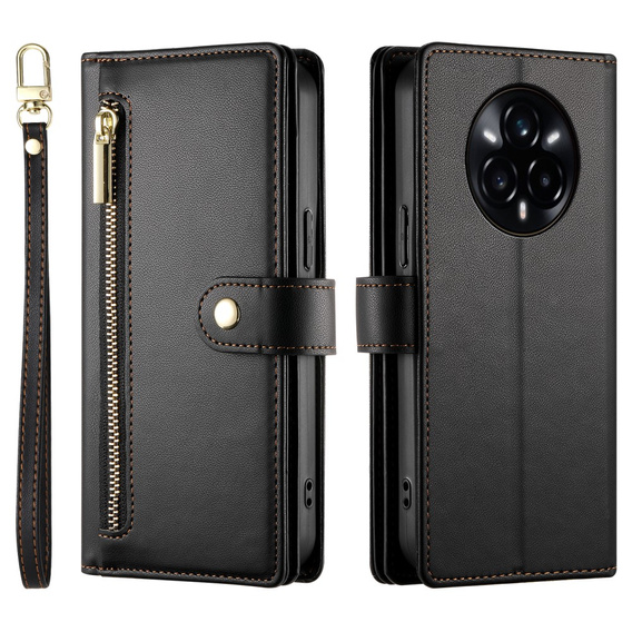 Pattintható tok a Realme 14 Pro 5G, Wallet Zipper Pocket, fekete