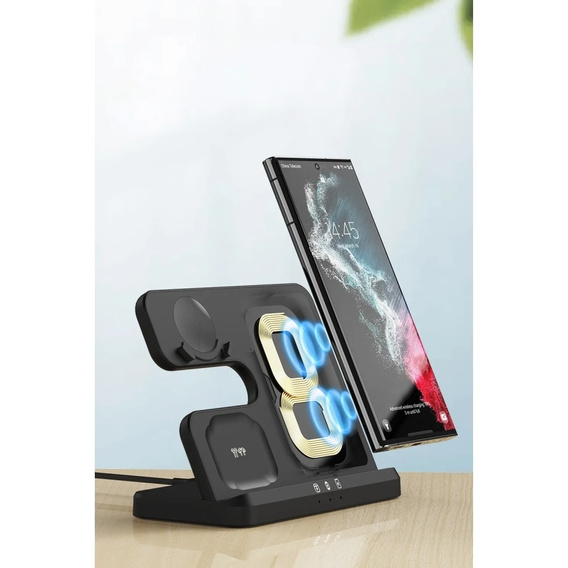 3 az 1-ben vezeték nélküli indukciós gyorstöltő QI Samsung S25 S24 S23 Galaxy Watch Buds állomás, fekete