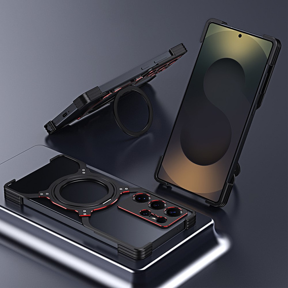Tok Samsung Galaxy S25 Ultra, Kickstand Bumper, lencsevédővel, MagSafe-hoz, fekete / piros