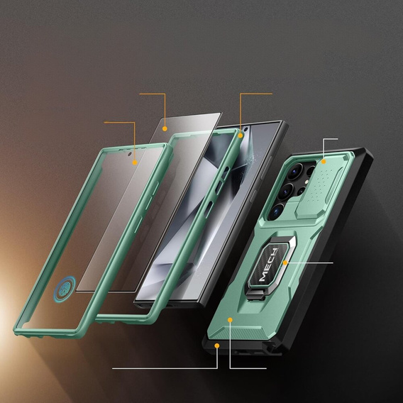 Páncélozott tok Samsung Galaxy S24 Ultra, TONGATE MECH sorozat gyűrűvel, világoszöld